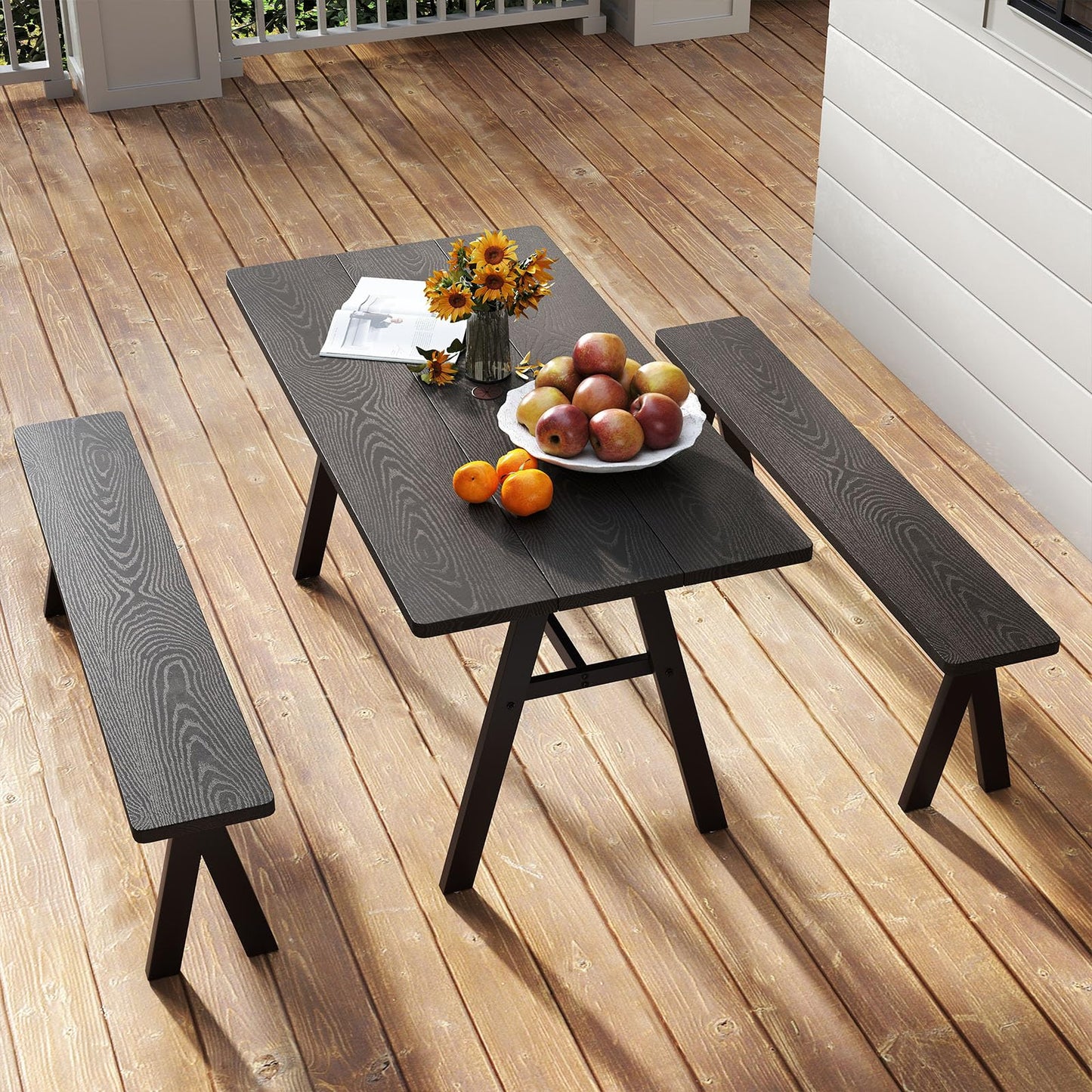 3 Pieces Outdoor Picnic Table and Benches Set for 6 People with 49MM Umbrella Hole