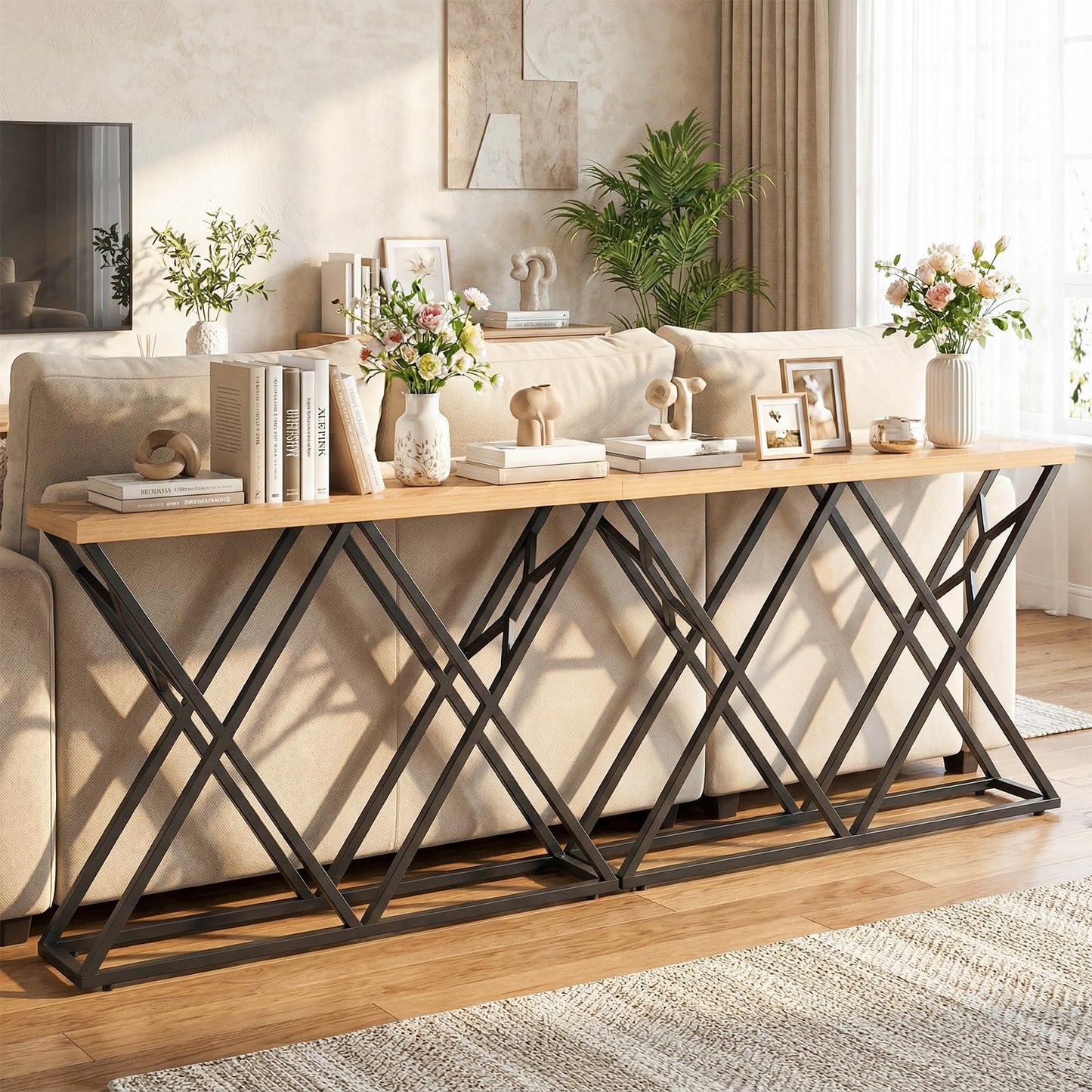 140CM Farmhouse Entryway Table with Geometric Metal Base