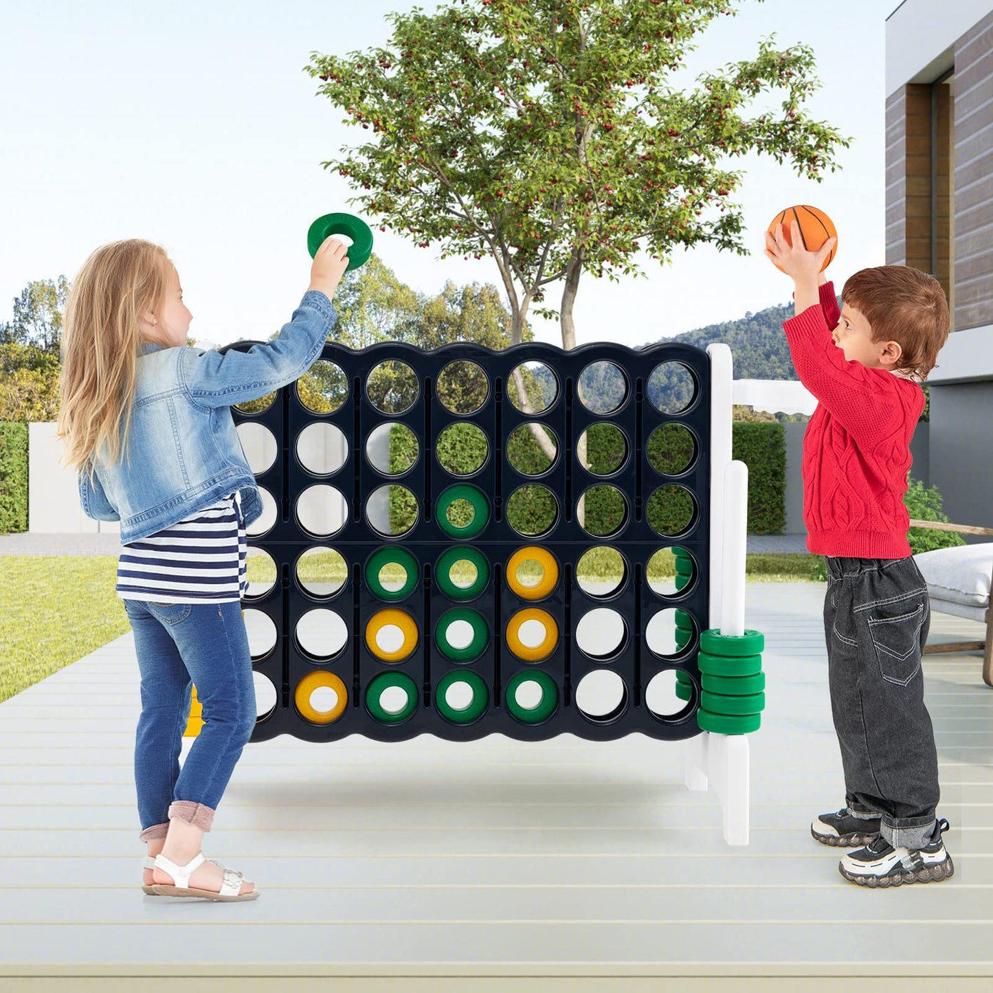3 in 1 Giant Connect 4 Game Set with Basketball Hoop and Ring Toss