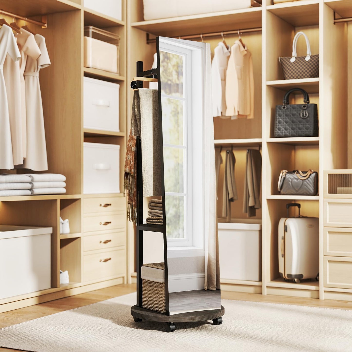 360¡ã Rotating Wood Frame Full Body Floor Mirror with Hanging Hooks