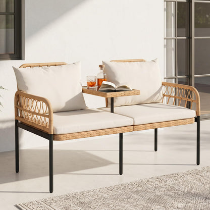 Rattan Jack and Jill Seat with Built-In Table and Cushions for Patio Balcony