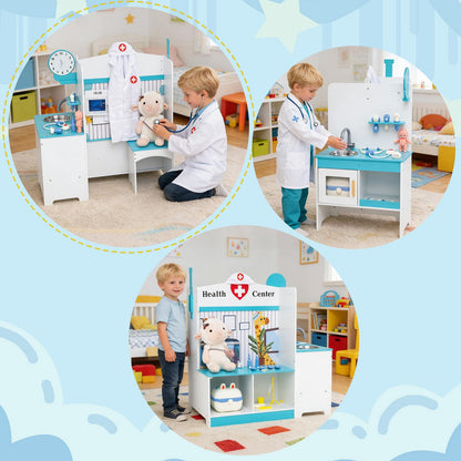 Wooden Toy Medical Center Playset with Faucet and ECG Monitor for Aged 3-6