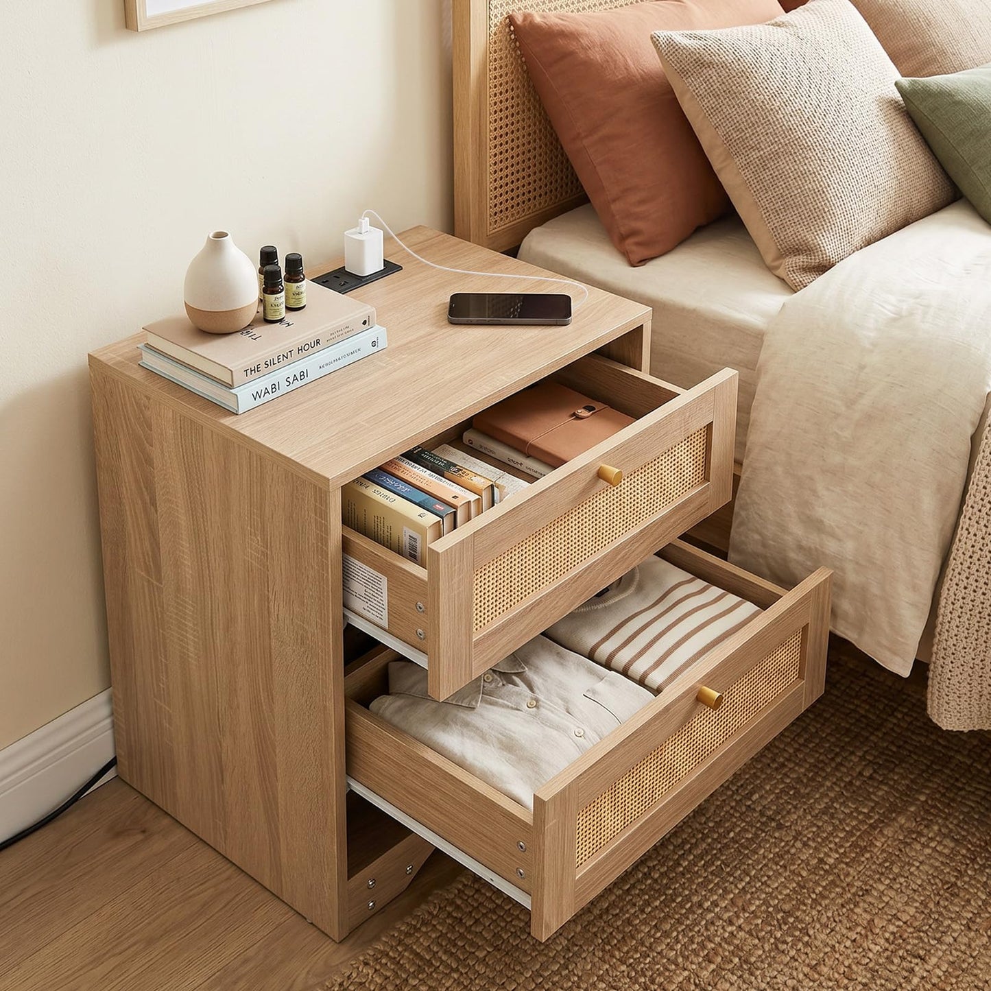 Rattan Bedside Table with Charging Station and LED Lights, Boho Nightstand End Sofa Side Table