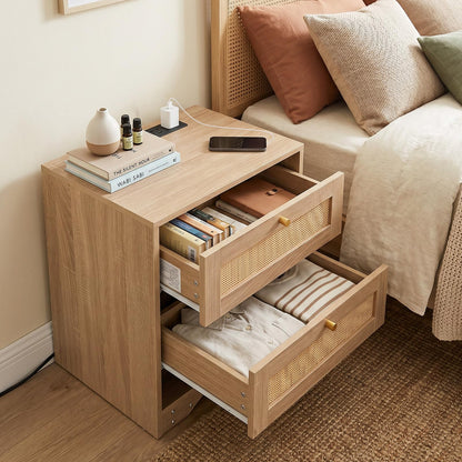 Rattan Bedside Table with Charging Station and LED Lights, Boho Nightstand End Sofa Side Table