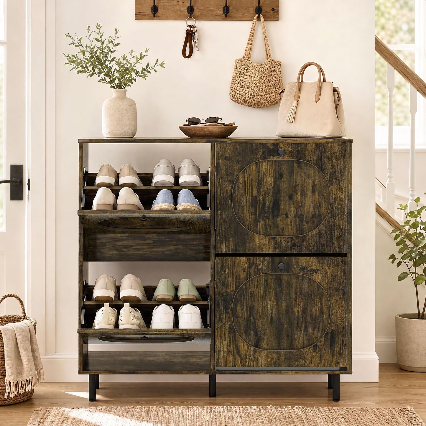 Narrow Shoe Cabinet with 4 Flip Drawers