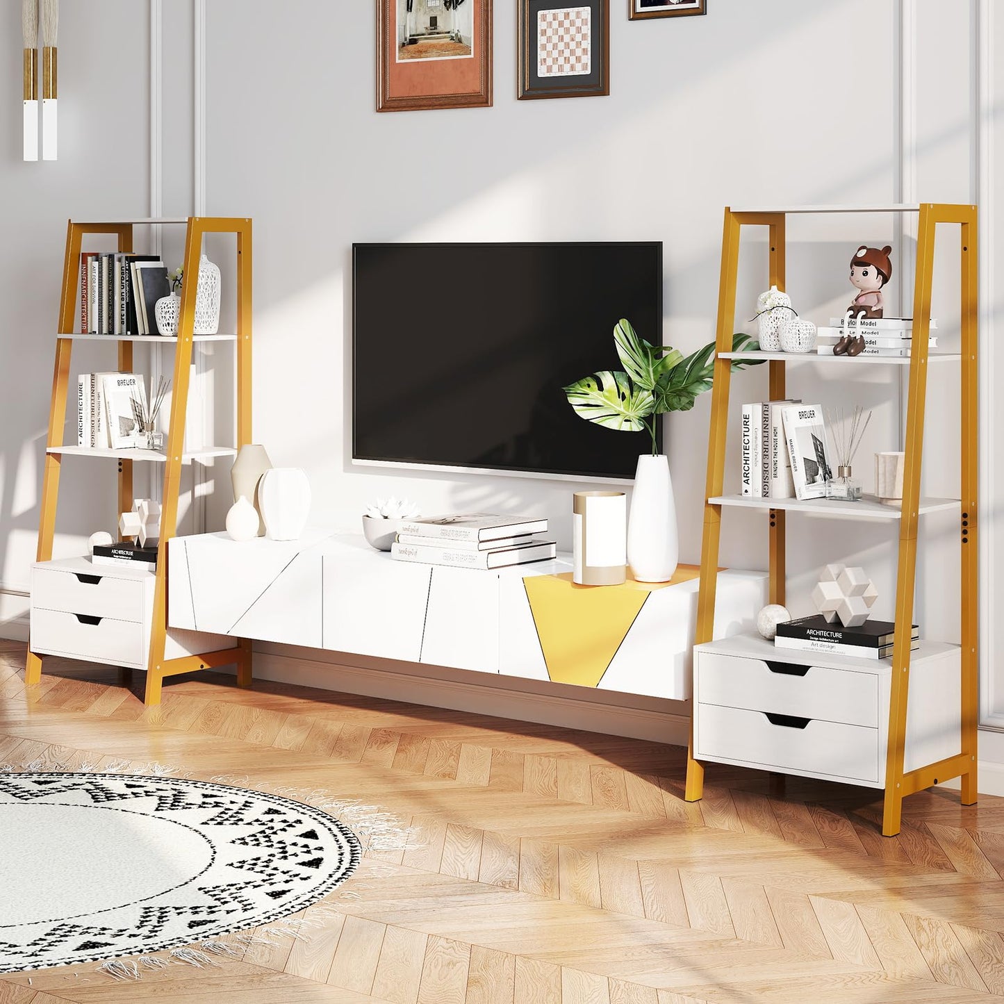 Ladder Bookshelf with Storage with 4 Open Shelves and 2 Drawers