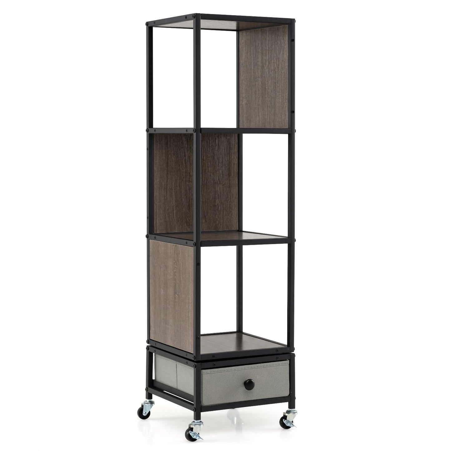 4-Tier Rotating Bookshelf, 360° Spinning Bookcase Tower with Wheels and Removable Fabric Storage Drawer