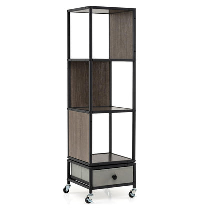 4-Tier Rotating Bookshelf, 360° Spinning Bookcase Tower with Wheels and Removable Fabric Storage Drawer