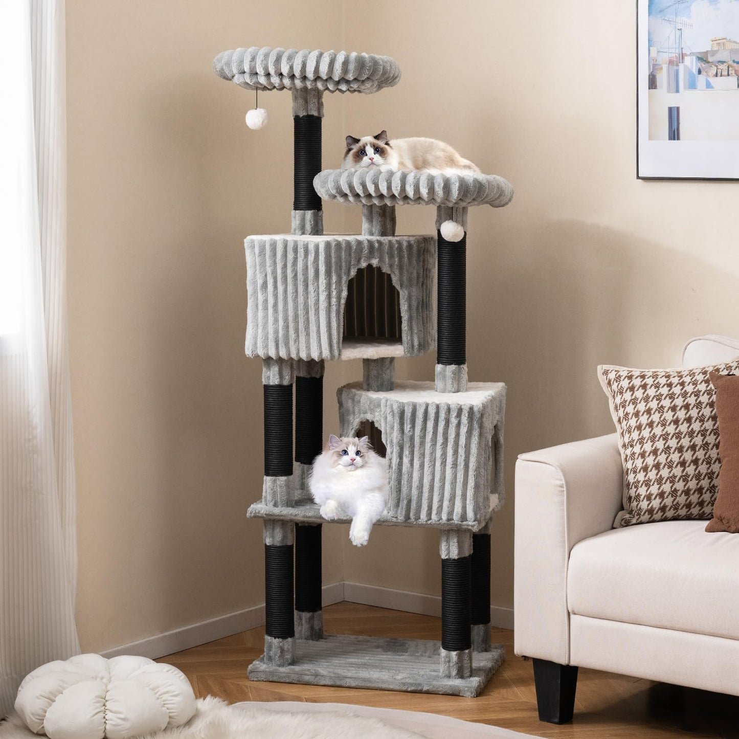 Cat Tree, 156cm Tall Multi-Layer Cats Tower with 2 Perch Beds