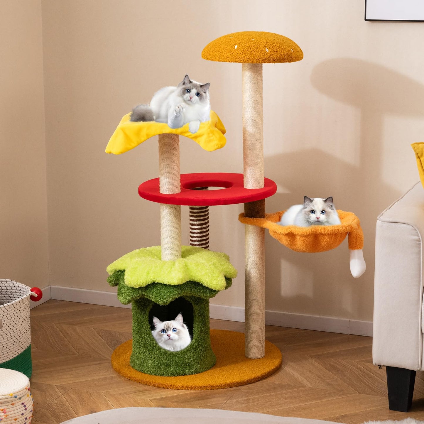 Cat Tree, 117cm Hamburger-Theme Cats Tower, Indoor Multi-Level Kitten Climbing Stand Activity Center