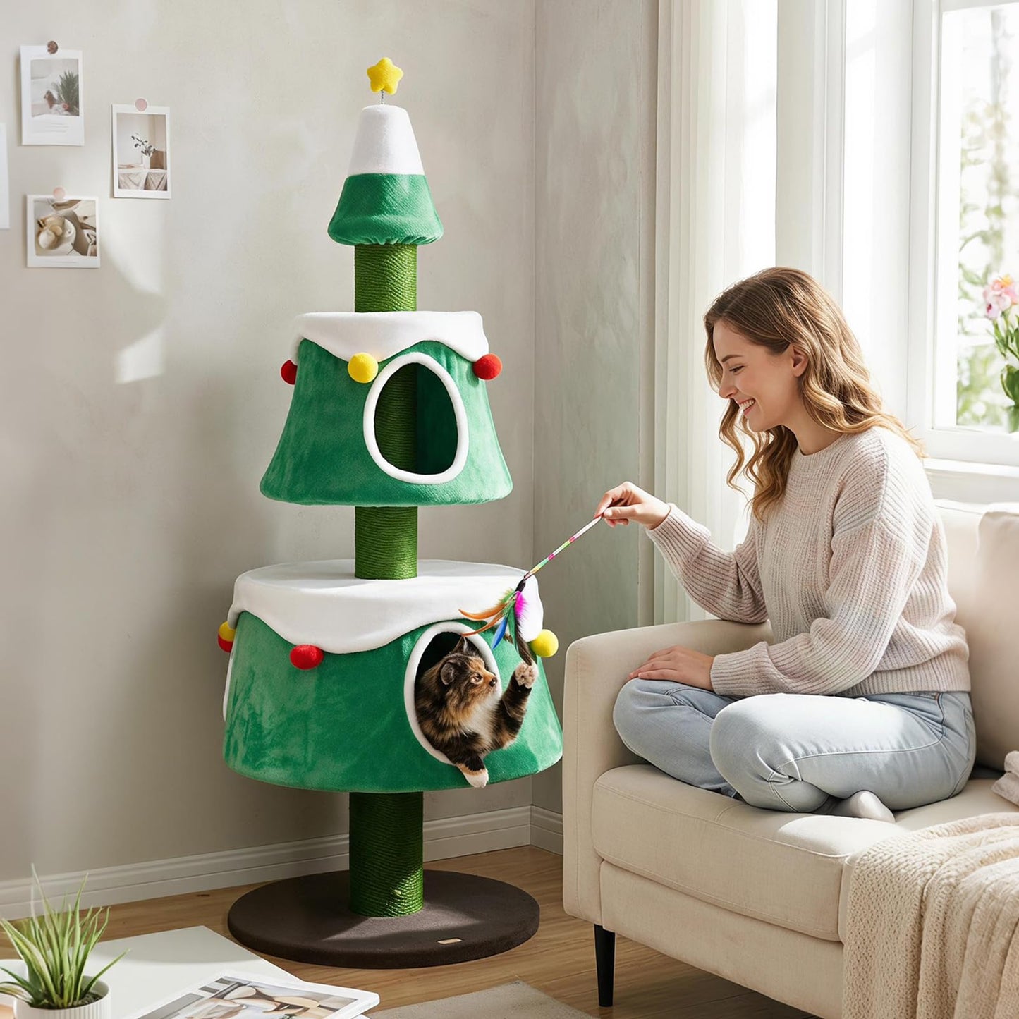 156cm Cat Tree, Christmas Tree Shape Cats Tower with 2 Condos