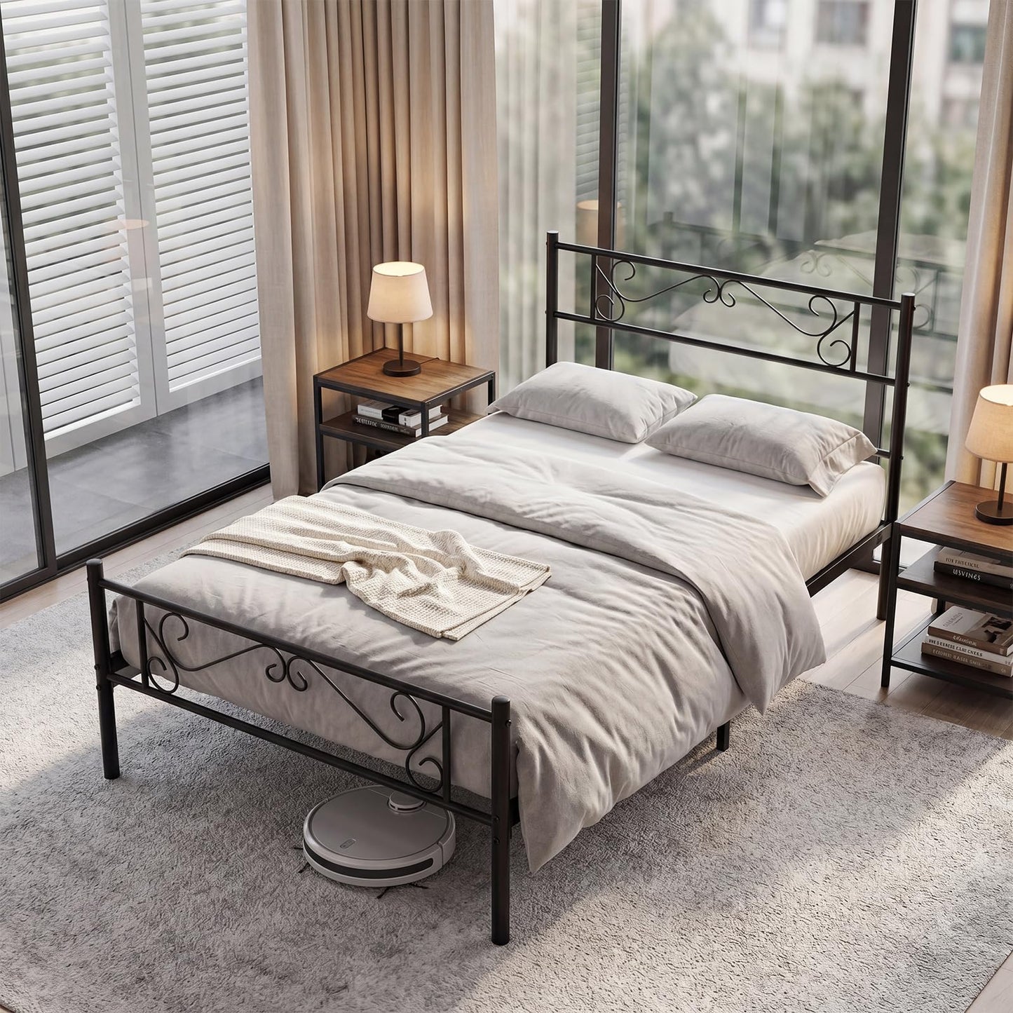 3ft Single Bed Frame, Metal Platform Bed Base with Floral Headboard