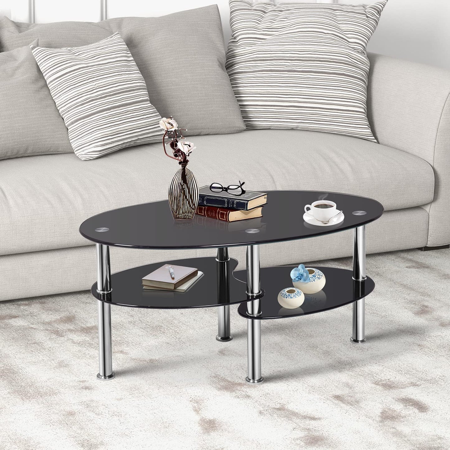 3-Tiers Tempered Glass Coffee Tables with 2 Shelves