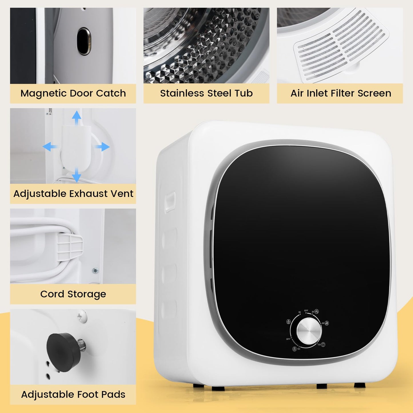 4kg Mini Vented Tumble Dryer, 800W Compact Laundry Dyer with 5 Drying Modes