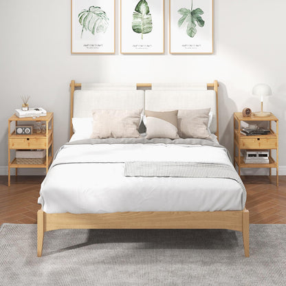 Set of 2 Multipurpose Bamboo Nightstand with Storage Drawer and Slatted Shelf