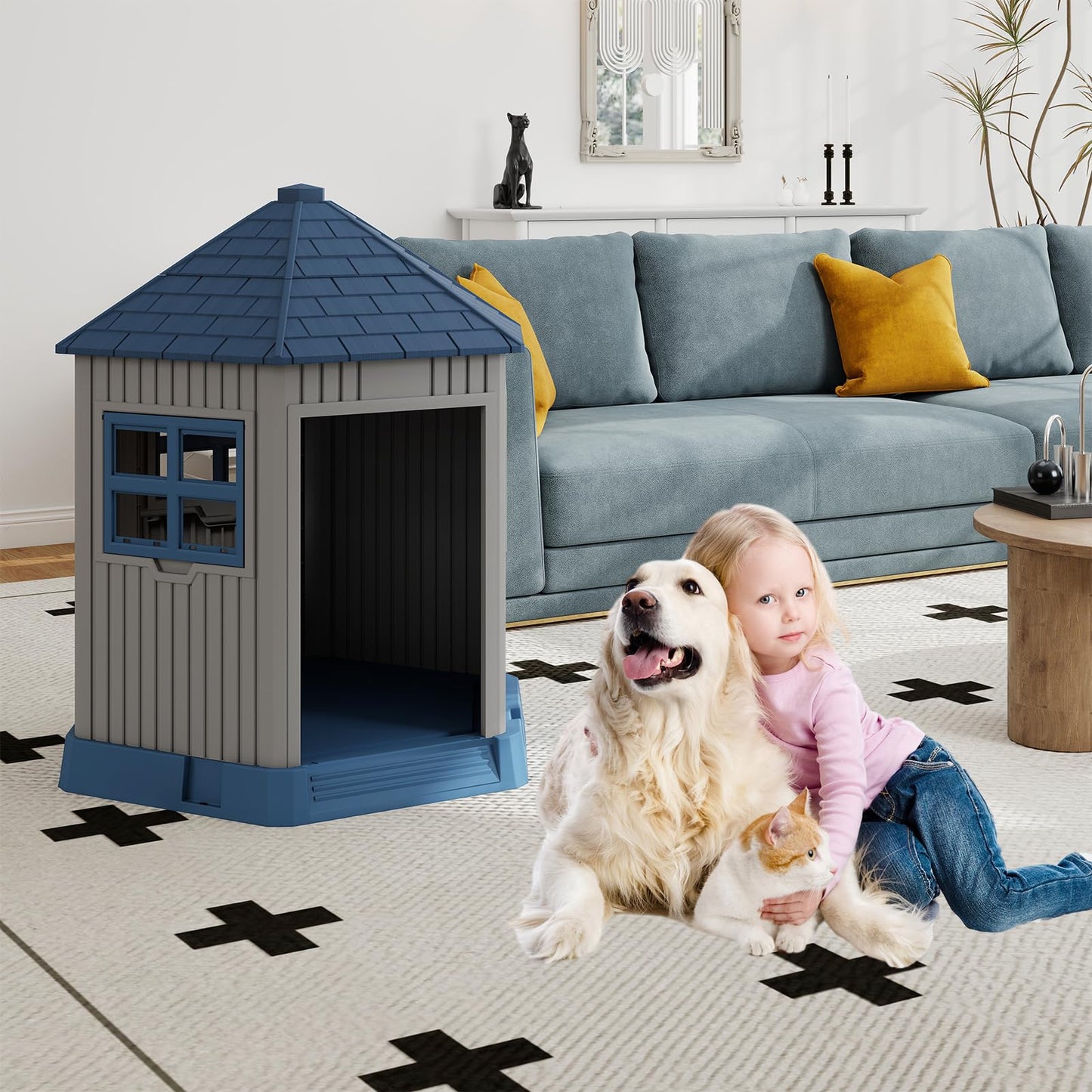 Outdoor Dog House with 2 Windows and Skylight for Small Medium Dogs