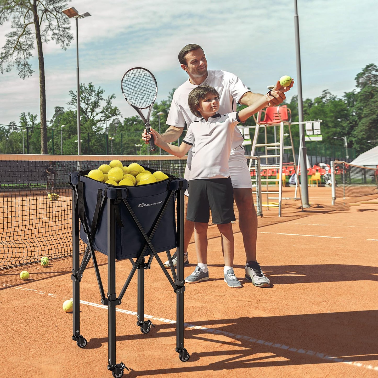 Foldable Aluminum Tennis Ball Cart Hopper Basket with Wheels