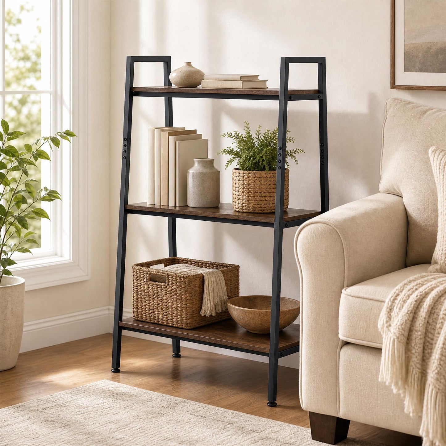 3-Tier Ladder Shelf & Corner Stand, Rustic Brown
