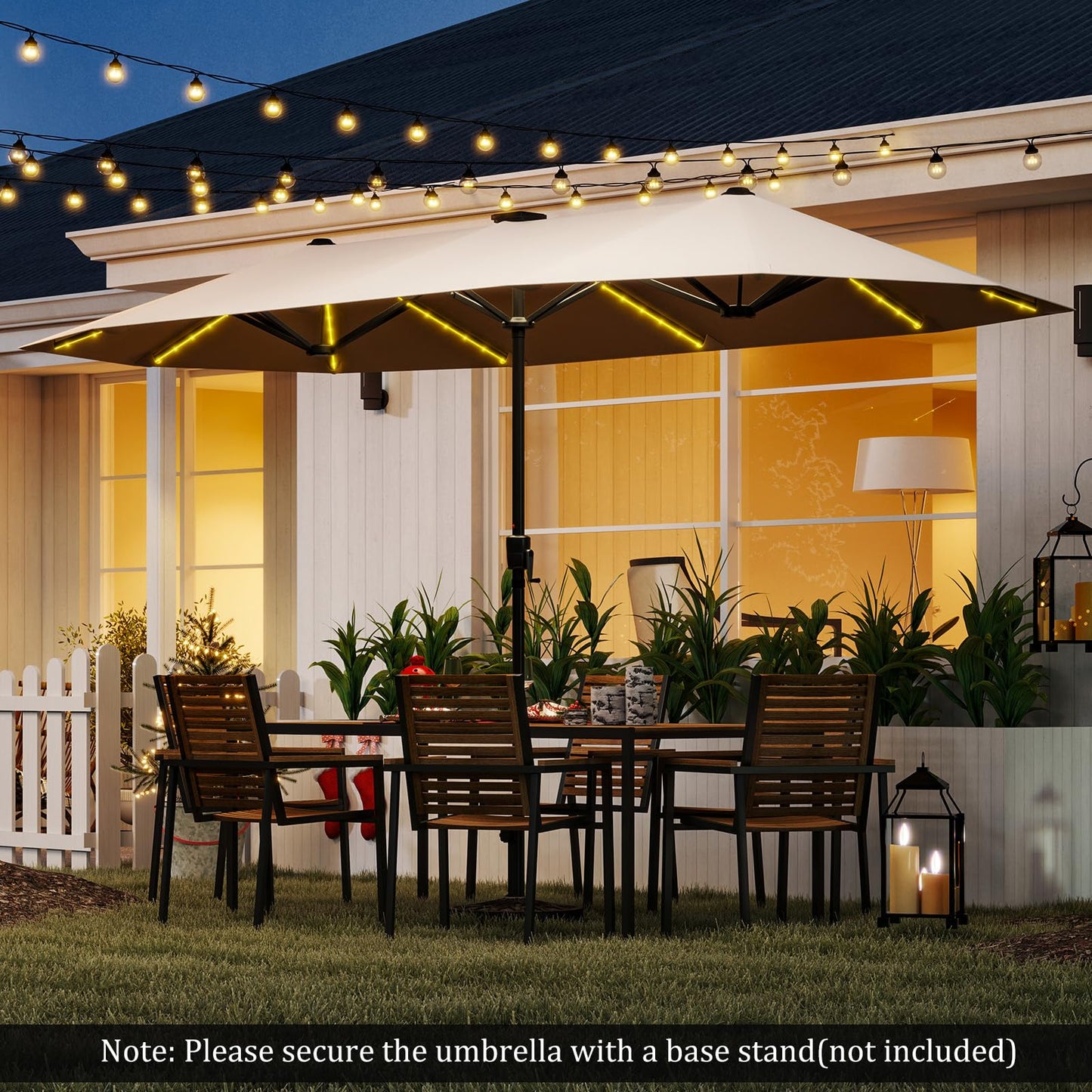 12 Heavy Duty Ribs Extra Large Sun Umbrella with 108 LED Solar Lights and Crank Handle