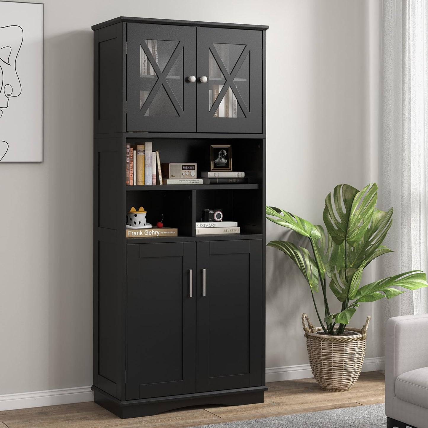 Freestanding Storage Cupboard with Open/Adjustable Shelves and Doors