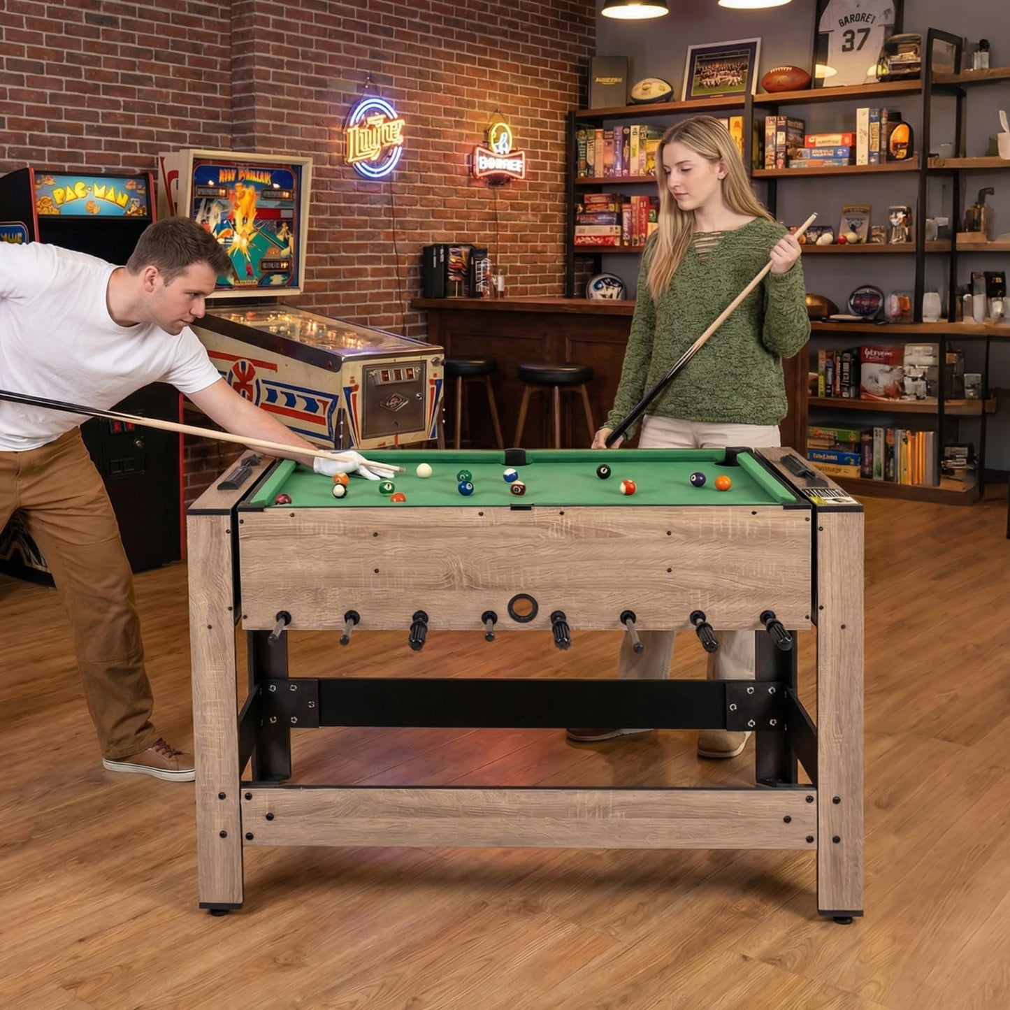 2 in 1 Multi Game Table, 124cm Reversible Football & Pool Combo Table with 2 Foosballs