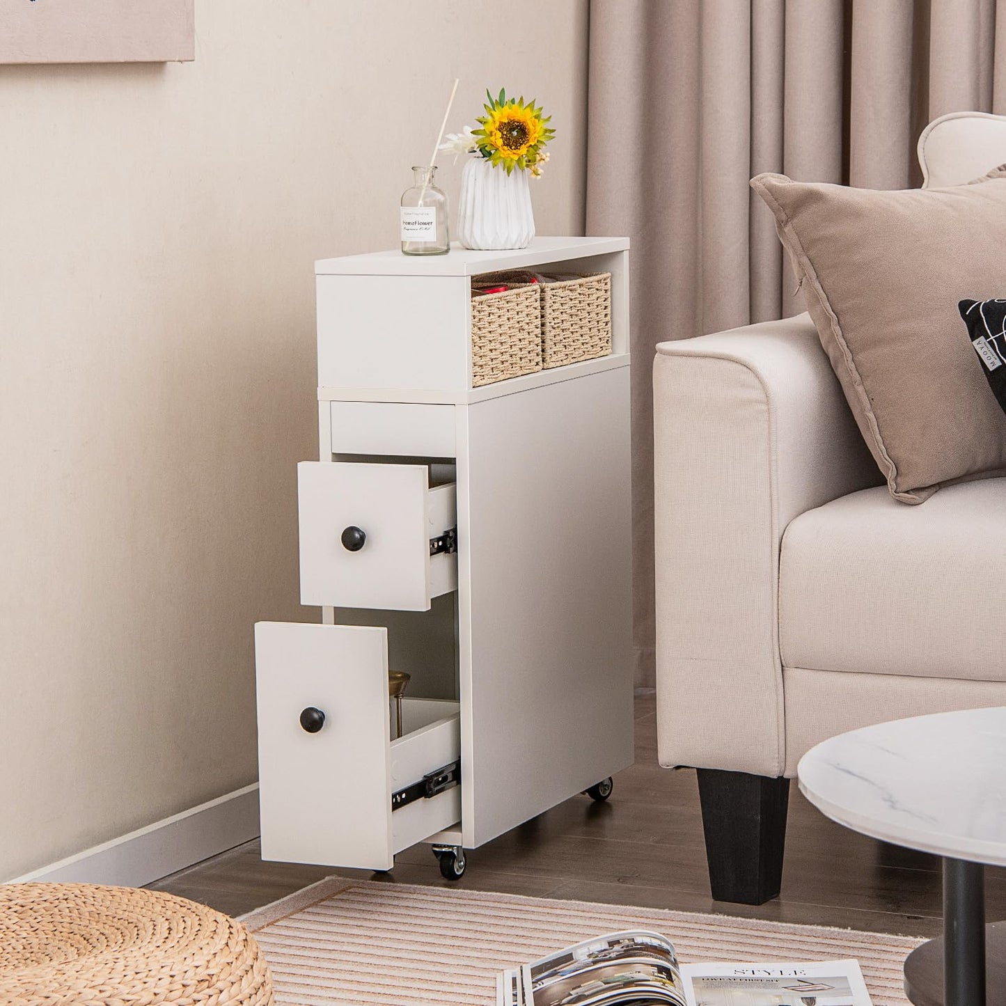 Mobile Narrow Bathroom Storage Unit with 2 Slide Out Drawers