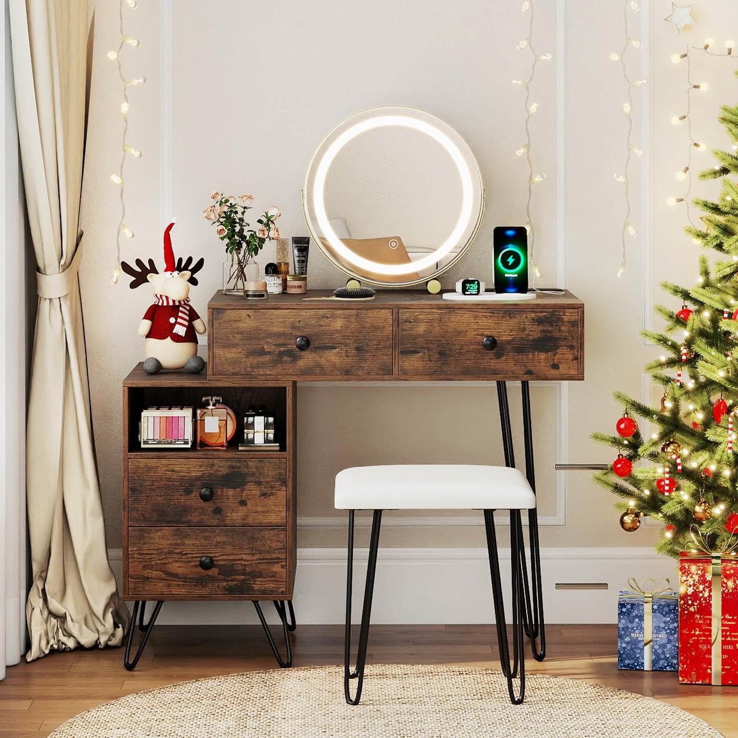 Dressing Table with 360° Rotation LED Mirror and Stool, Makeup Table Vanity Desk Set with Charging Station