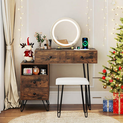 Dressing Table with 360° Rotation LED Mirror and Stool, Makeup Table Vanity Desk Set with Charging Station
