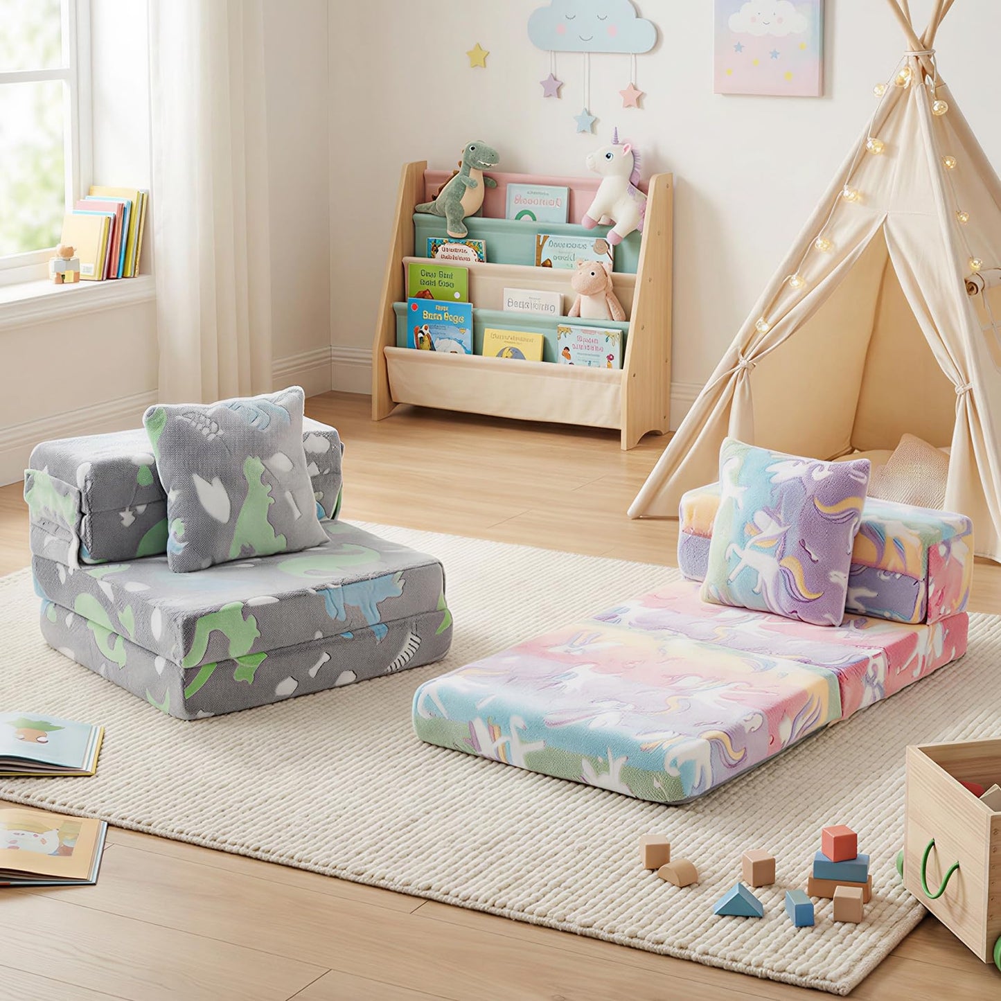Glow In the Dark Kids Couch with Washable Zippered Covers and Extra Pillow
