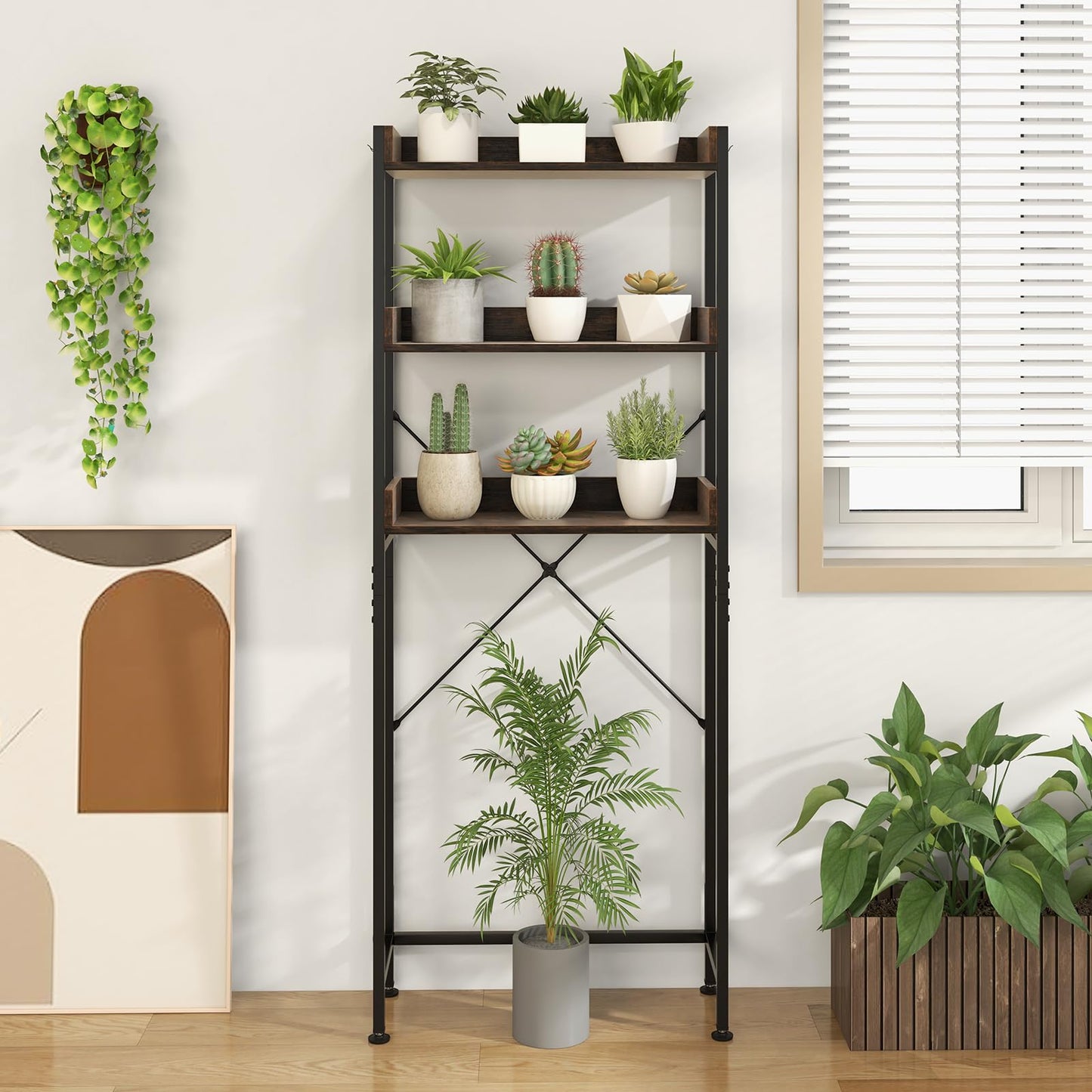 3-Tier Over The Toilet Storage Rack with 4 Hooks and Adjustable Bottom Bar