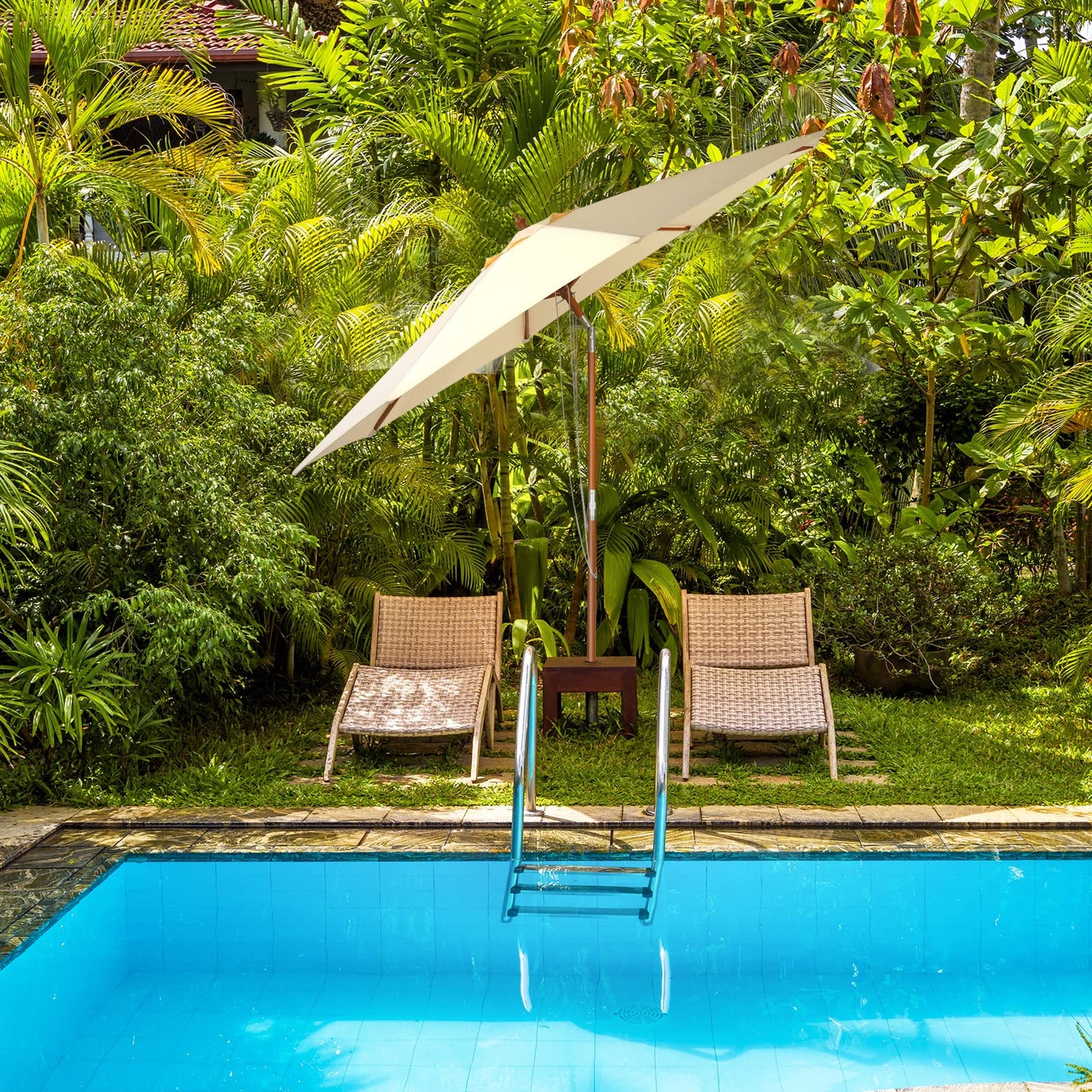 2.7/3m Wooden Patio Parasol Sun Shade Umbrella with 8 Ribs