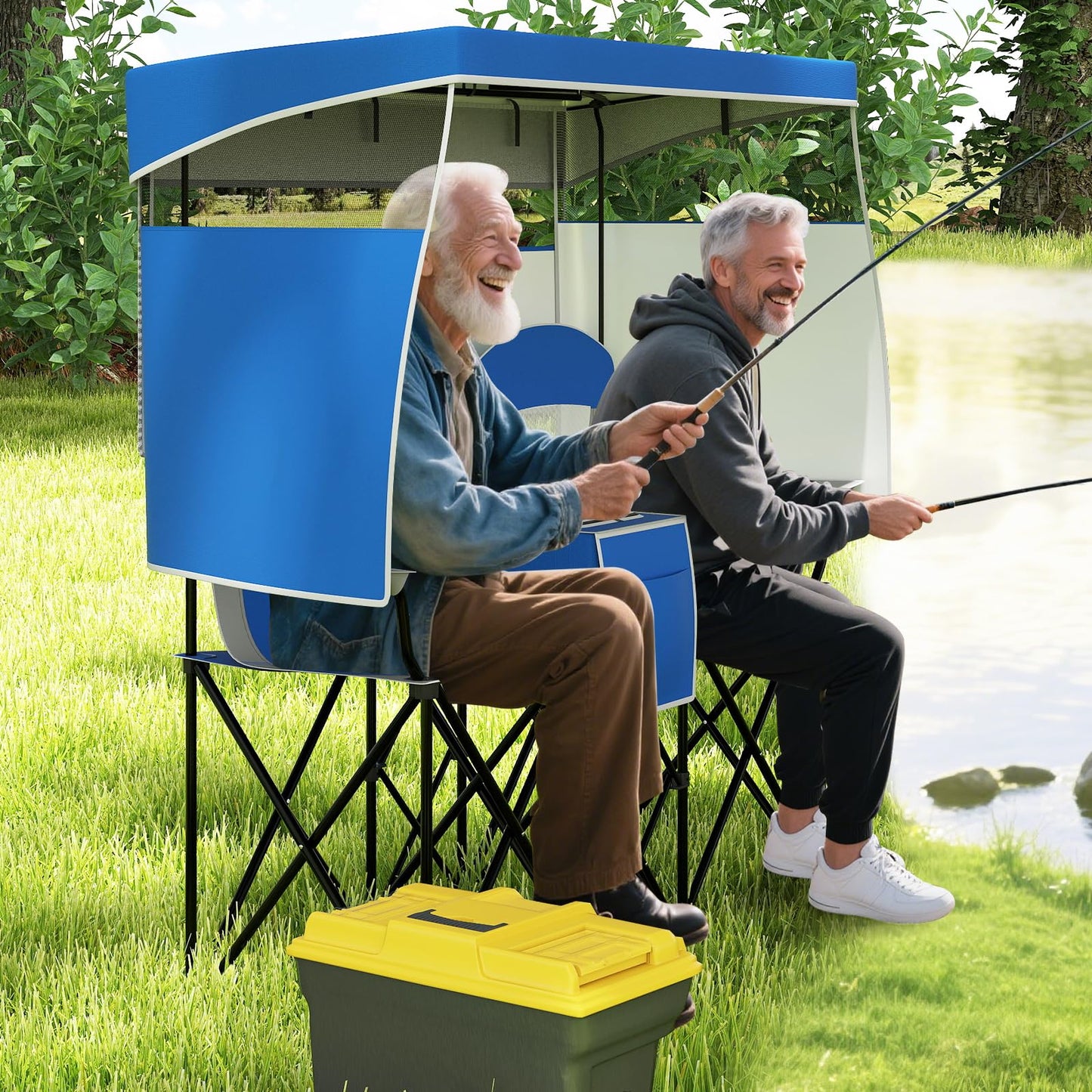 Outdoor Portable Double Folding Camping Chair with Roll-up Shade