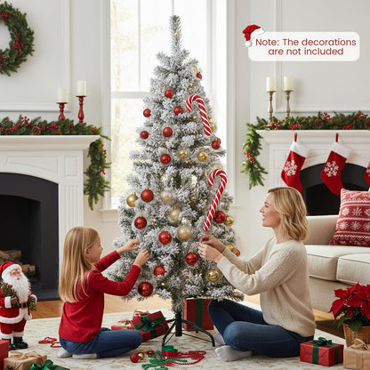 Pre-lit Snow Flocked Christmas Tree, Hinged Artificial Slim Pencil Xmas Tree with Lights