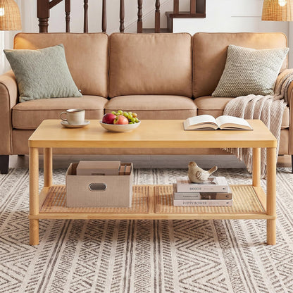 2-Tier Rattan Coffee Table with Storage Shelf, Rubber Wood Frame