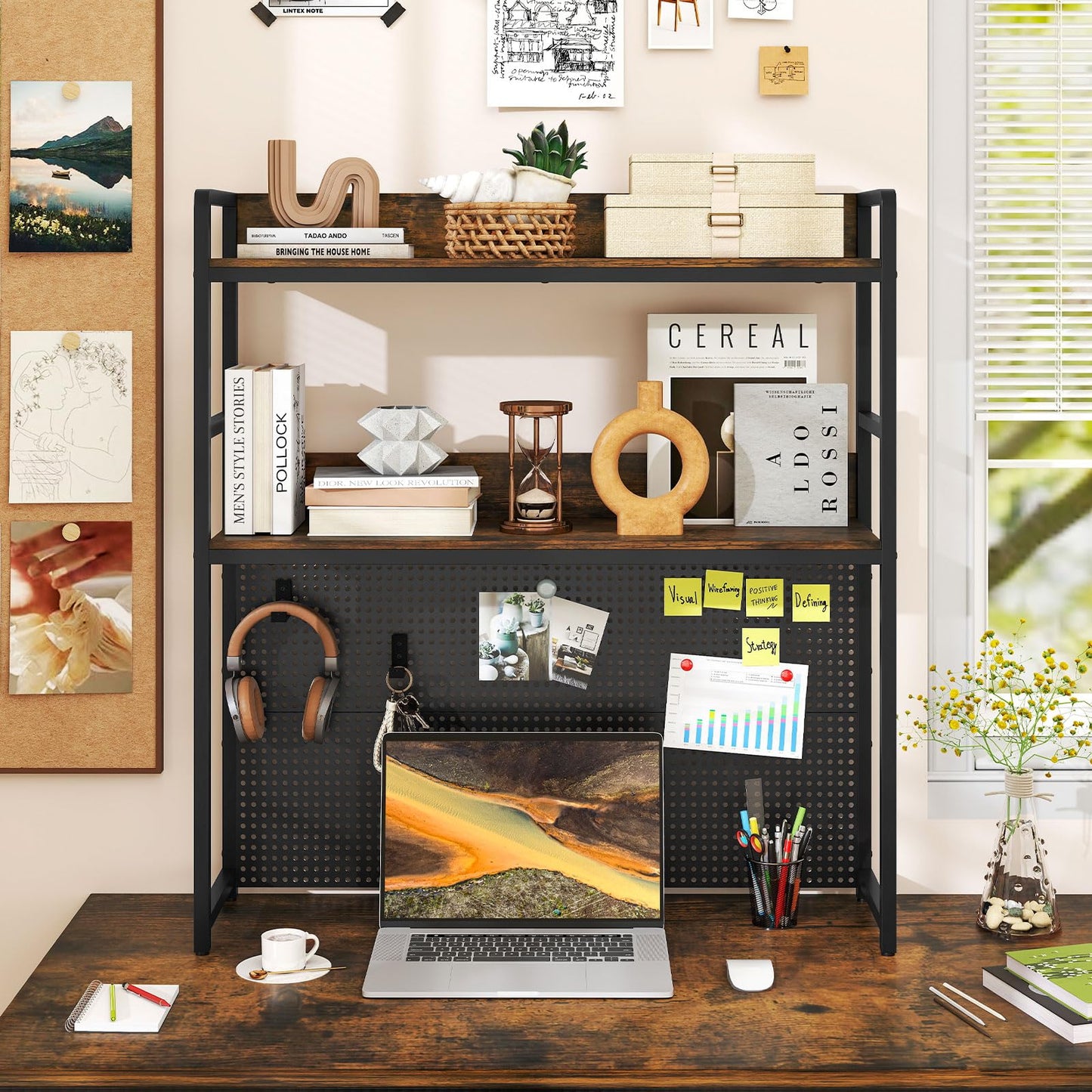 Multipurpose 2-Tier Desk Hutch with Pegboard for Home Office