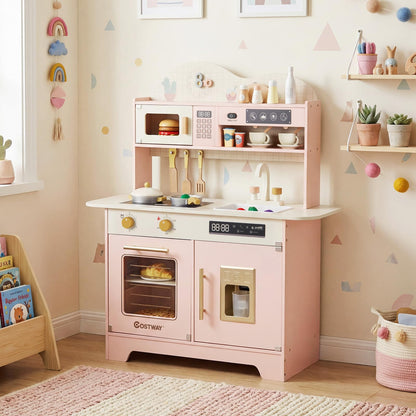 Wooden Toy Kitchen, Kids Pretend Play Kitchen with 17 Pcs Accessories