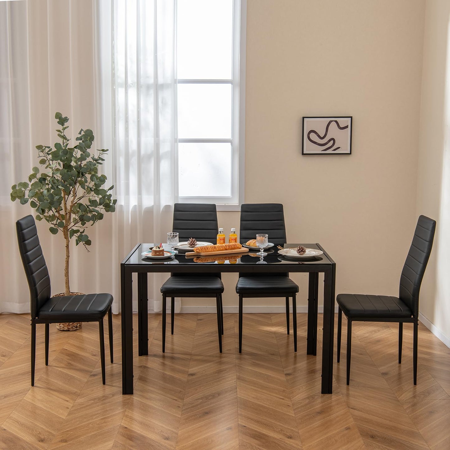 5 Pieces Kitchen Table and 4 Upholstered Chairs with High Backrest & Glass Tabletop