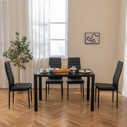 5 Pieces Kitchen Table and 4 Upholstered Chairs with High Backrest & Glass Tabletop