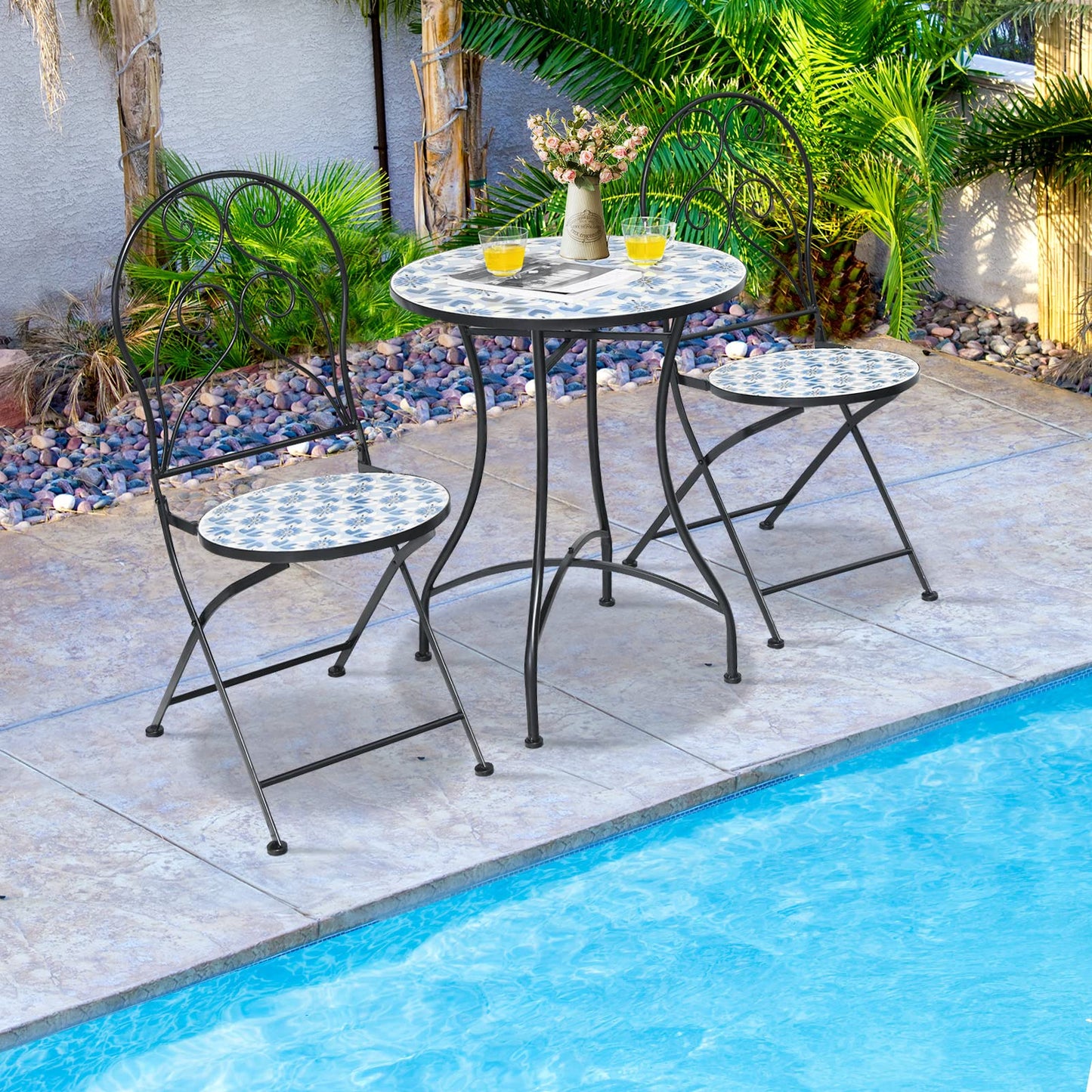 Mosaic Metal Dining Set Garden Table with 2 Folding Chairs