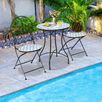 Mosaic Metal Dining Set Garden Table with 2 Folding Chairs