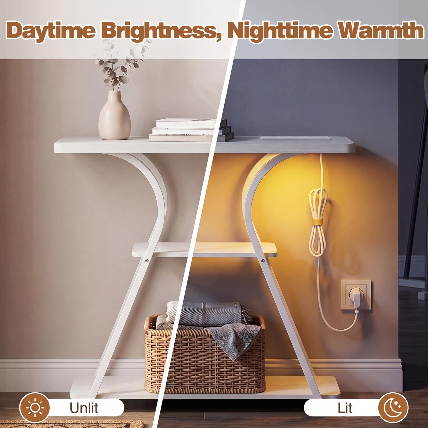 Console Table with LED Light and Power Outlet, 3-Tier Narrow Entryway Table
