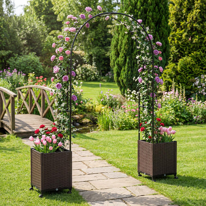 Garden Arch with Planter Box, 2M Metal Pergola Arbor Trellis with Self-Watering System