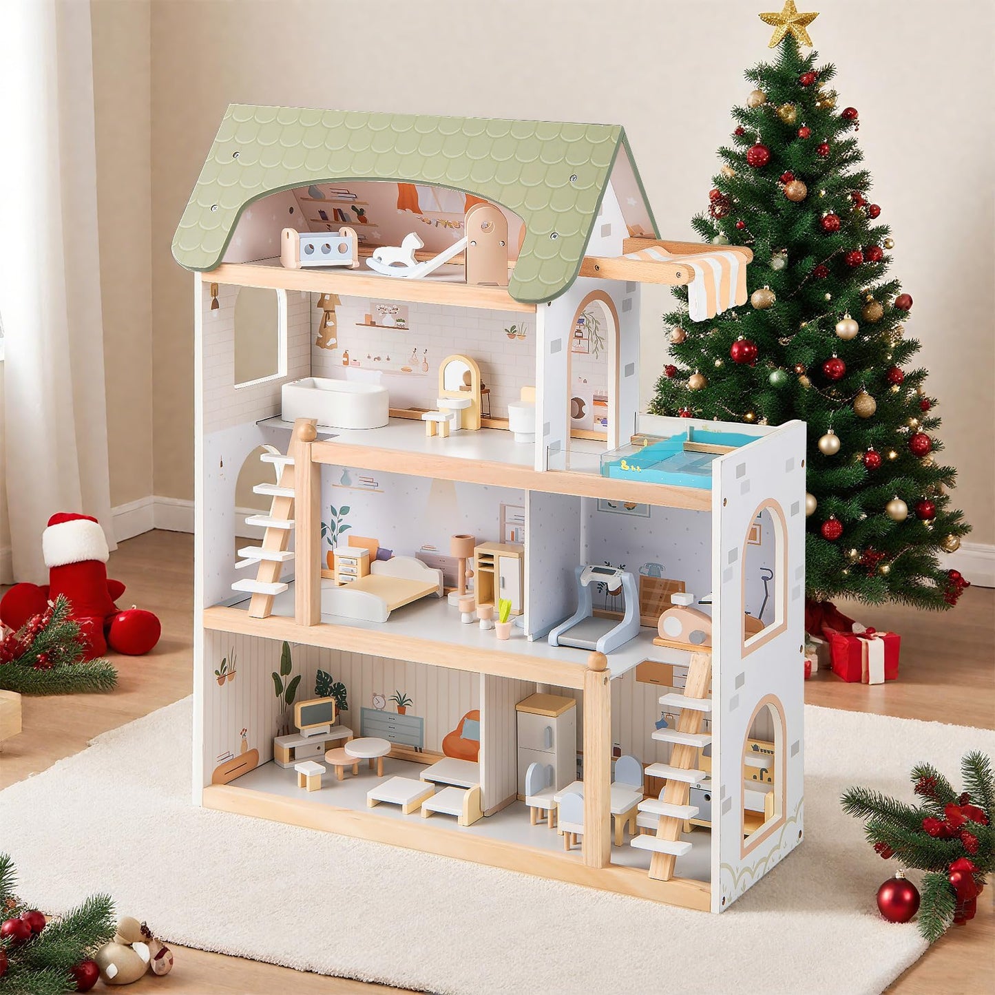 Wooden Dollhouse with 33 PCS Furniture Accessories for Girls and Boys