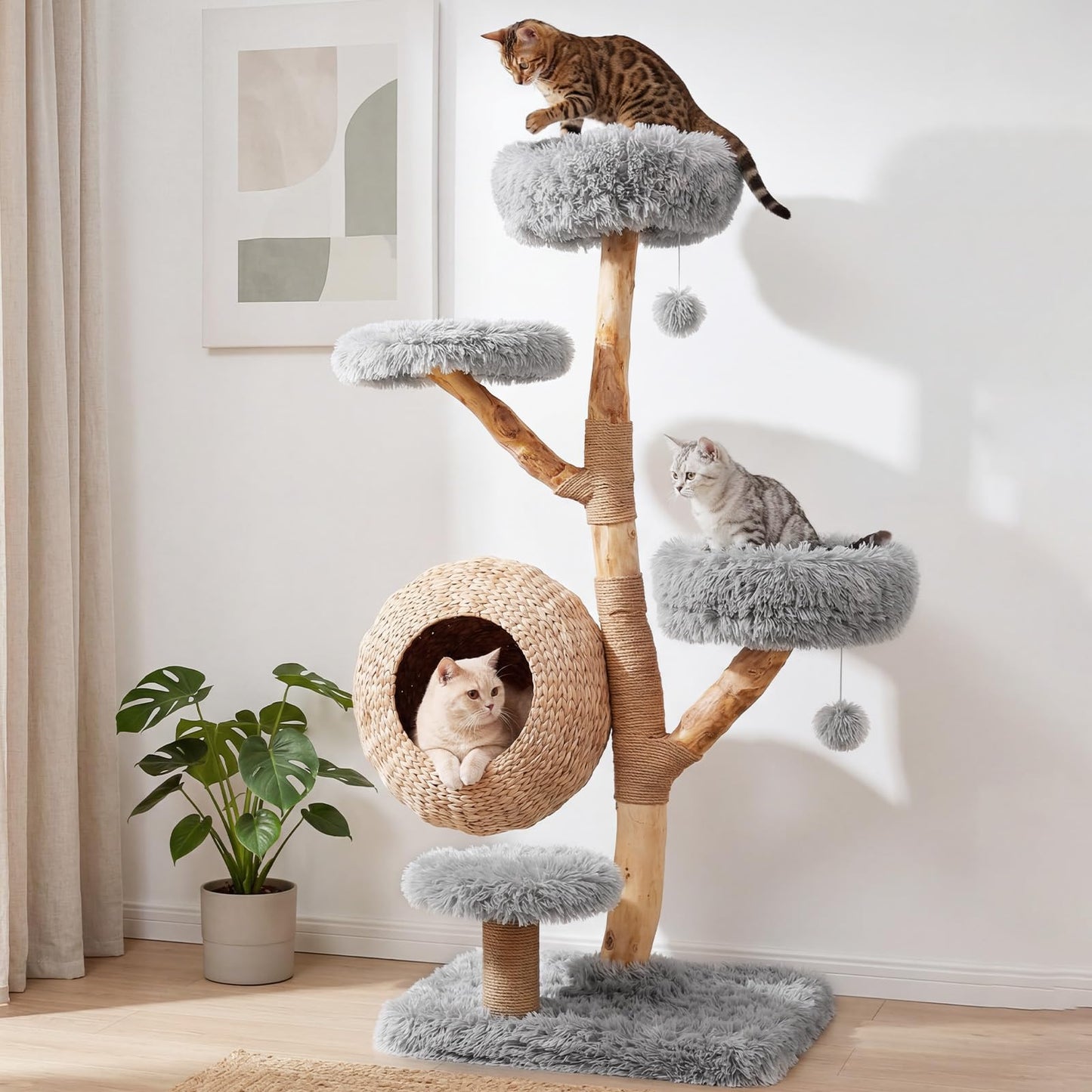 134CM 5-Tier Cat Tree with Woven Cat Condo and Hanging Balls