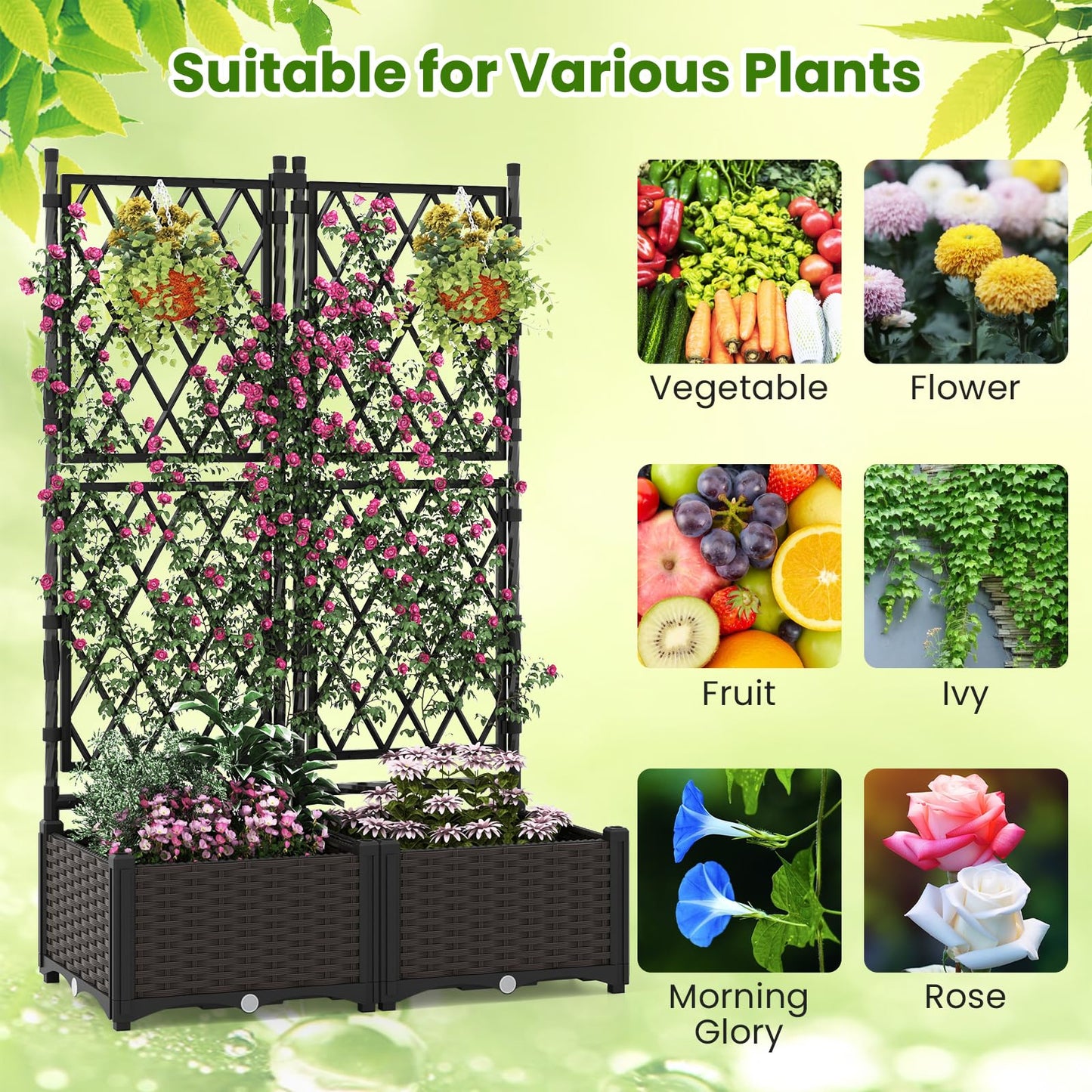 Garden Planter with Trellis with Self-Watering Device and Drainage Holes