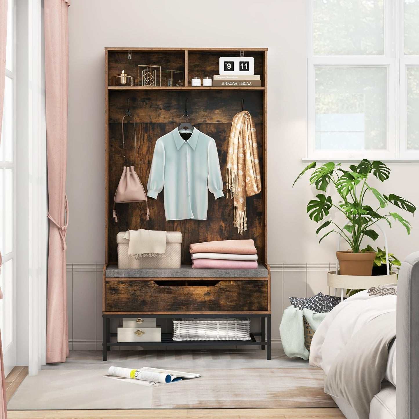 4-in-1 Coat Rack with Seat Cushion and Open Compartments