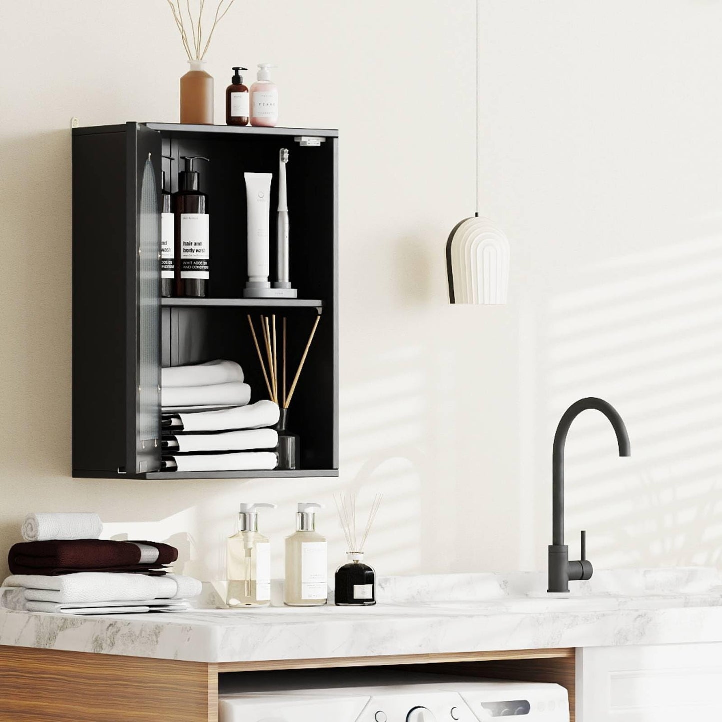 Bathroom Wall Cabinet, Wall-Mounted Wooden Storage Cupboard