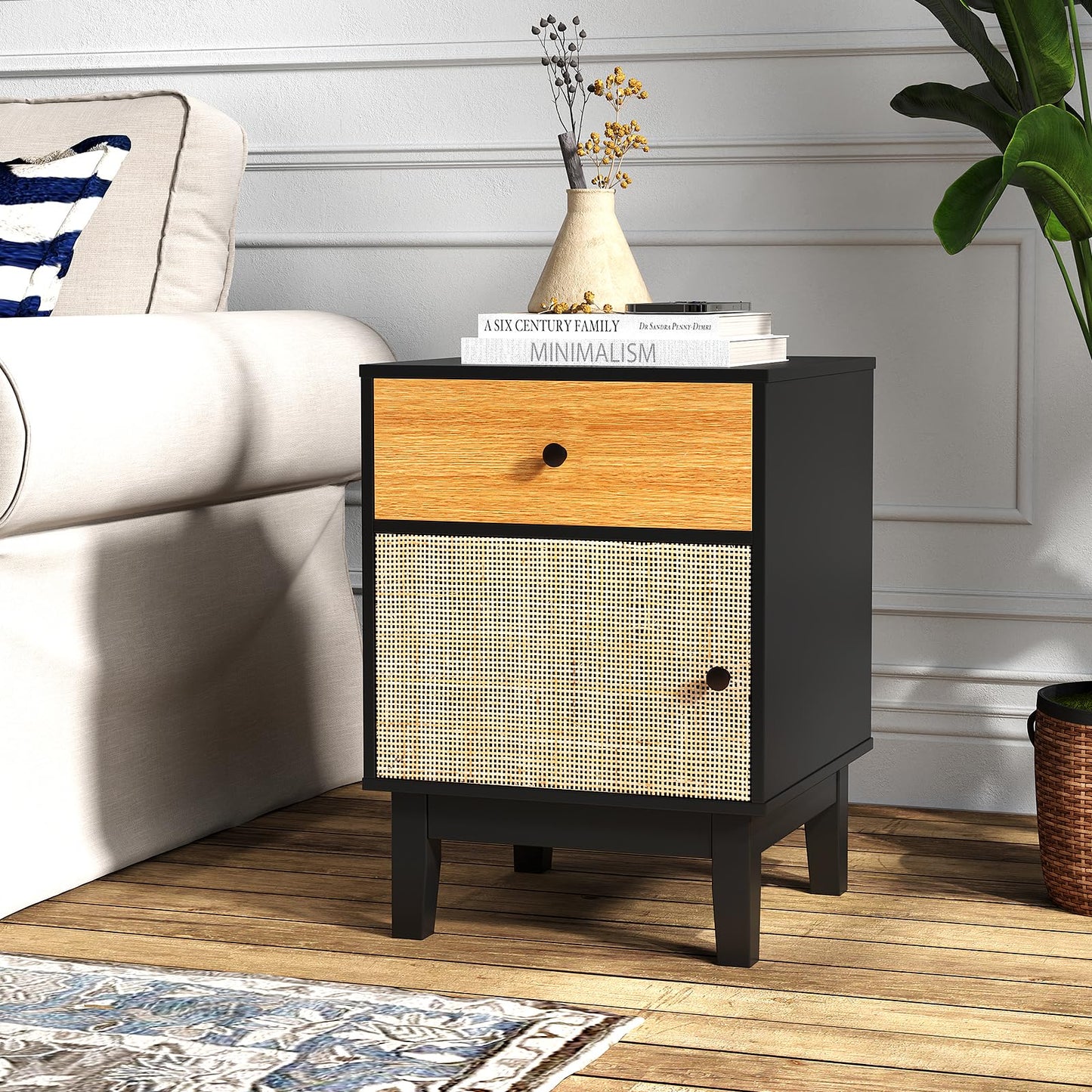 Modern Rattan Nightstand with Storage Drawer and Cabinet