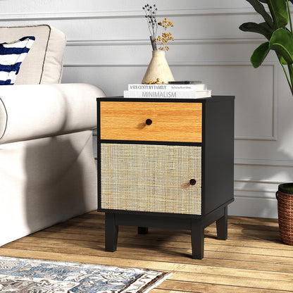 Modern Rattan Nightstand with Storage Drawer and Cabinet