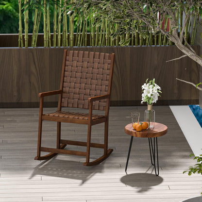Wood Rocking Chair with PU Seat and Rubber Wood Frame for Porch Backyard Balcony